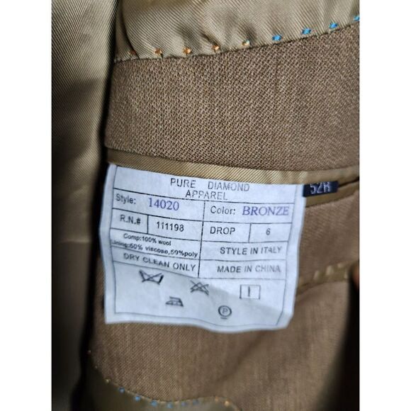 NWT Pure Diamond Apparel Men Brown 100% Wool Blazer Jacket size 52R or XXL, - Picture 7 of 9